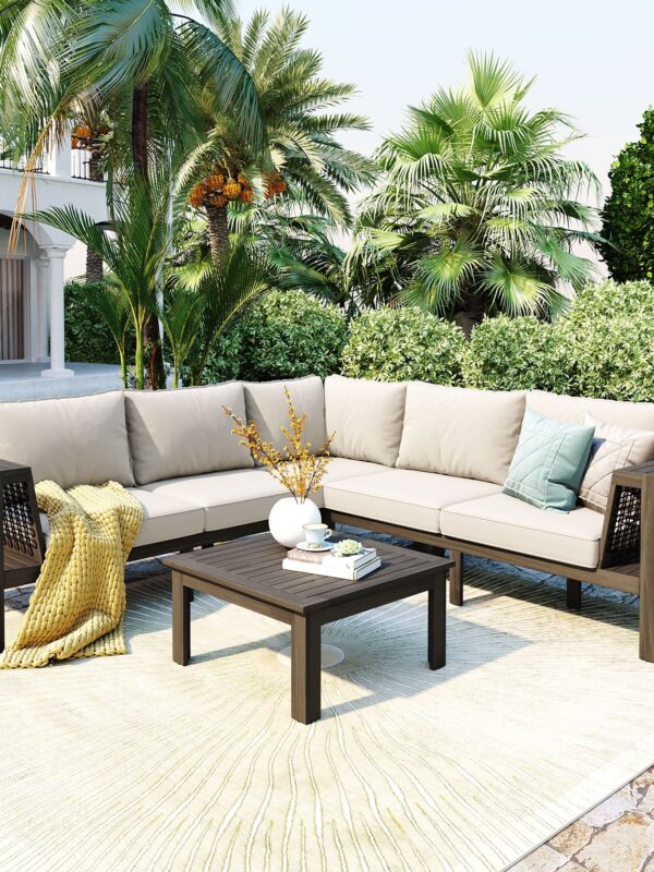 Walker Edison | Acacia L Shape Wood 4 Pieces Outdoor Sofa Set