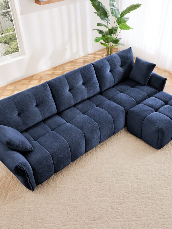 Walker Edison | Elegant Tufted Textured Chenille Blue Sofa Set with Ottoman and Pillows