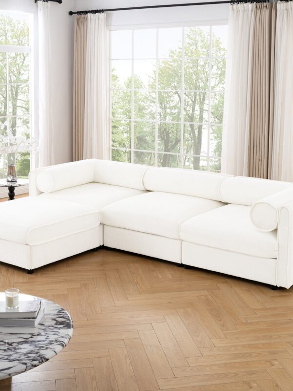 Walker Edison | Contemporary White Chenille L-Shaped Sofa with Storage and Ottoman