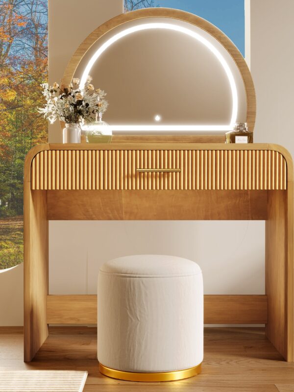 Walker Edison | Natural Reeded Curve Design Makeup Vanity Desk with Mirror