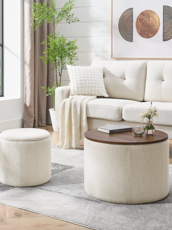 Walker Edison | Chenille 2-Piece Set Round Storage Ottomans