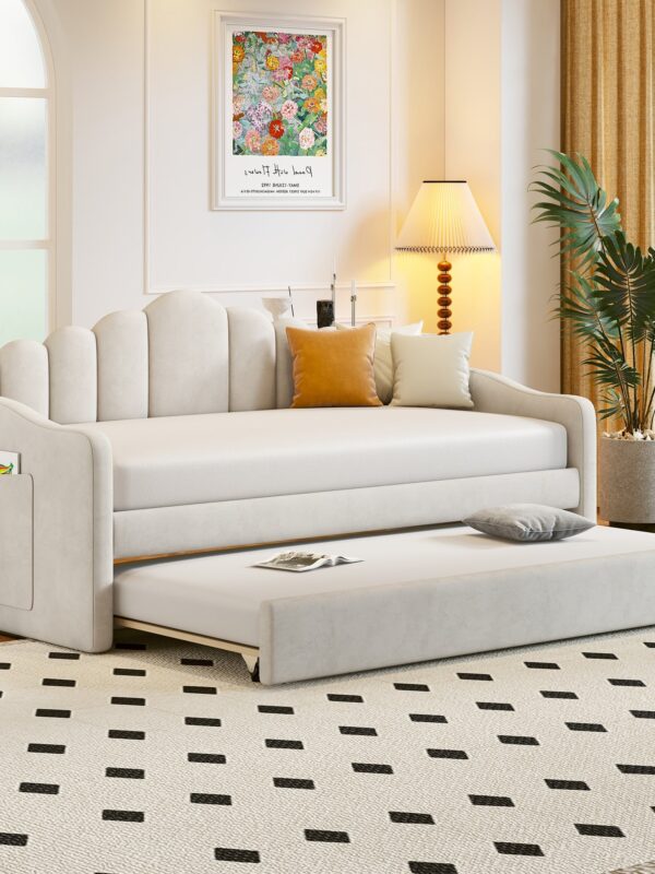 Walker Edison | Velvet Twin Size Sofa Bed with Trundle and USB Charging Ports