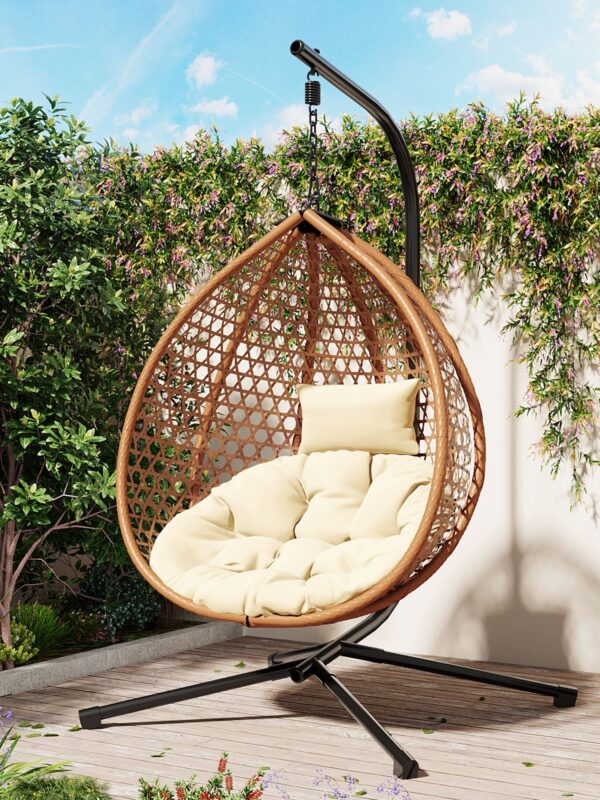 Rattan Weaving Hanging Egg Chair with Stand and Soft Removable Cushion