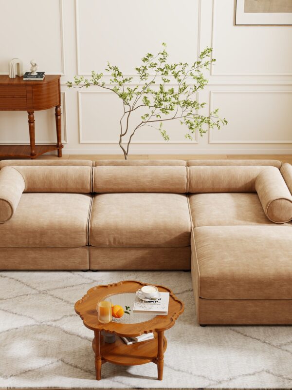 Walker Edison | Elegant Camel Chenille Sofa with Storage Seat and Ottoman
