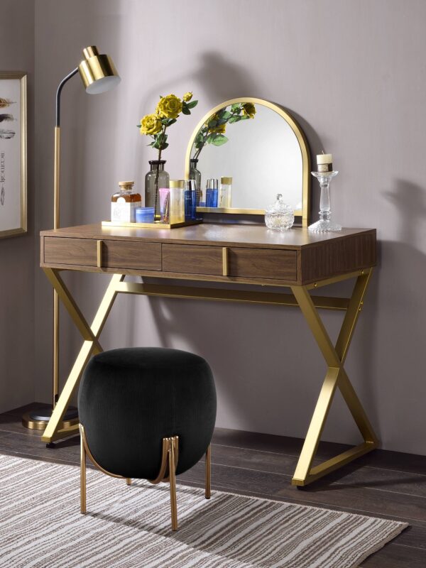 Walker Edison | Modern Walnut and Gold Finish Vanity Desk with Mirror and Jewelry Tray