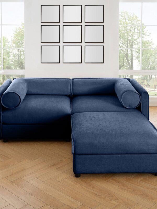 Walker Edison | Stylish Blue Chenille Loveseat Sofa with Ottoman Storage Seat