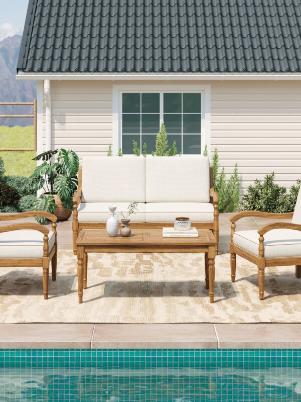Walker Edison | Outdoor Acacia Wood Patio 4 Piece Sofa Set