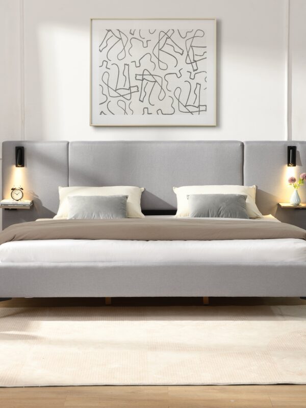 Contemporary King Linen Upholstered Bedframe with Lights and Shelves