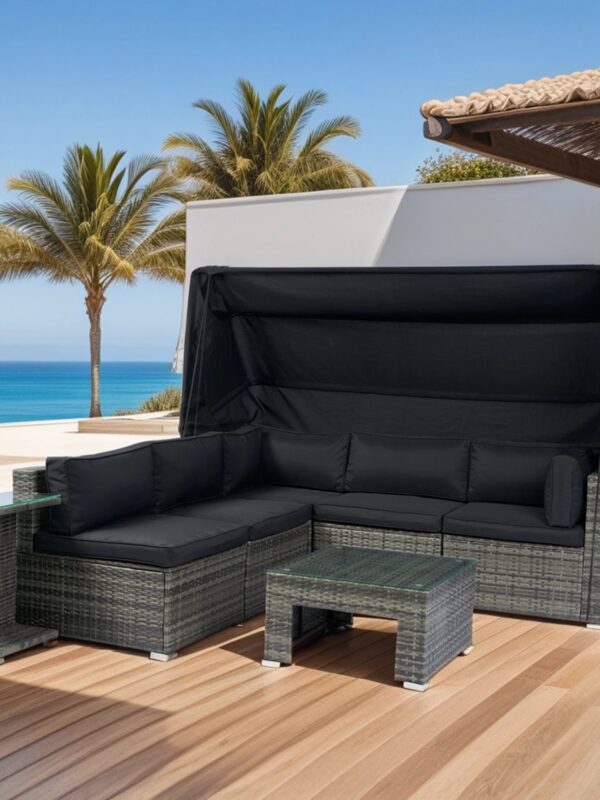 Walker Edison | 7-Piece Outdoor Patio Canopy Wicker Rattan Sectional Sofa Set