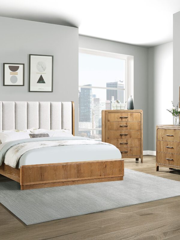 Walker Edison | Queen Upholstered Headboard with Rich Natural Wood Finish Platform