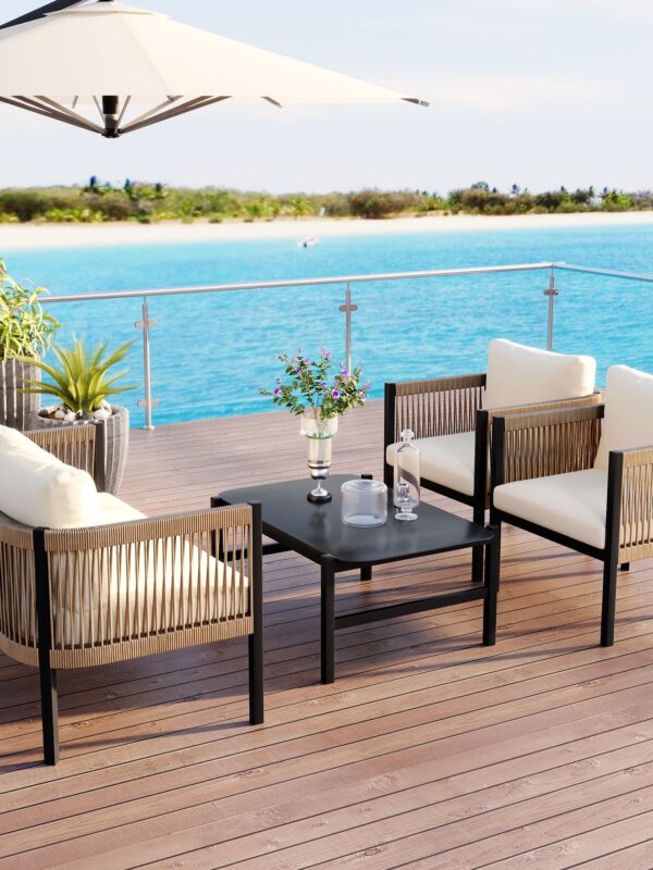 Walker Edison | Modern Rope Design Outdoor Loveseat Sofa Set with A Table