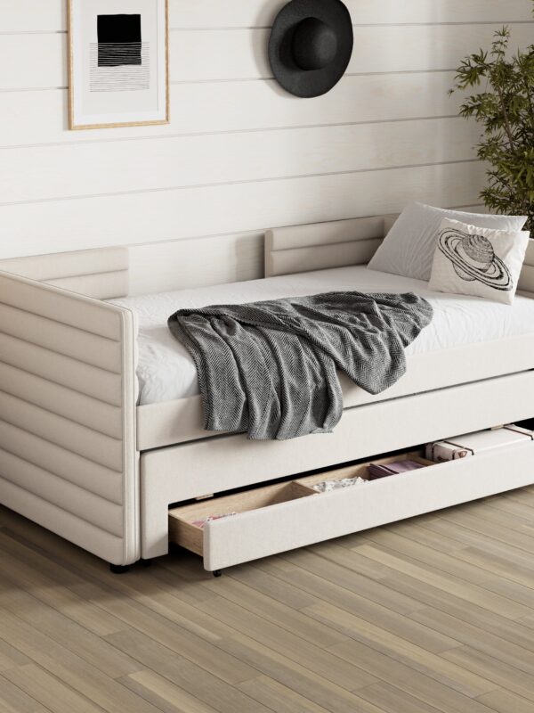 Walker Edison | Twin Size Upholstered Daybed with Trundle and 3 Storage Drawers
