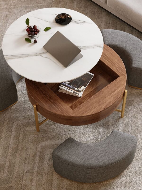 Walker Edison | Modern Lift-Top Round Coffee Table with Storage and Nesting Ottomans