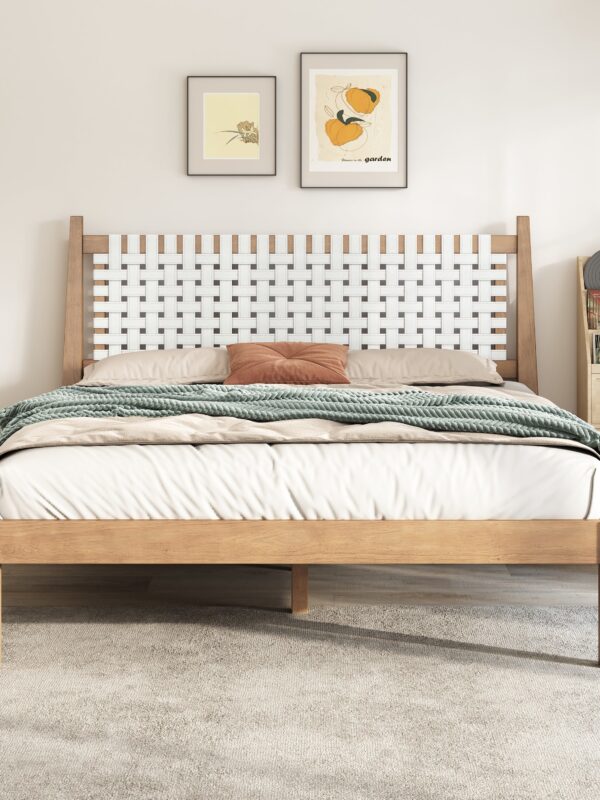 Woven White Leather Headboard Queen Pine Wood Bedframe