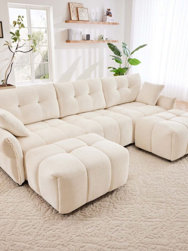 Walker Edison | Chenille Tufted 3 Seater Sofa Set With Ottoman And Throw Pillows