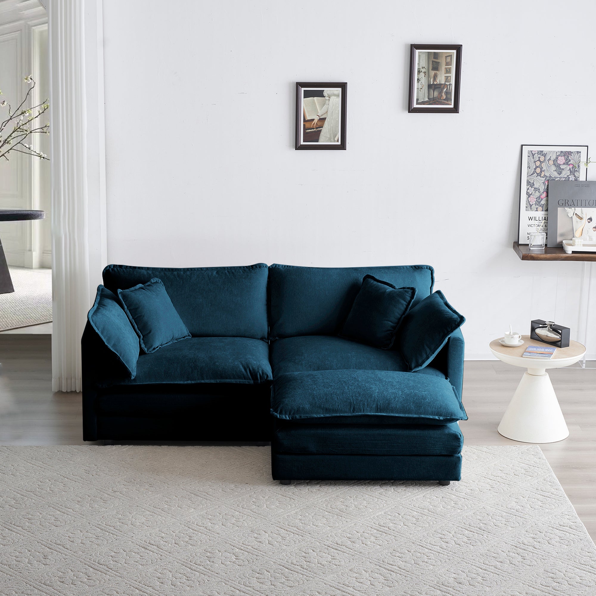 Walker Edison | Teal Cloud Chenille Two-Seater Loveseat Sofa with Ottoman