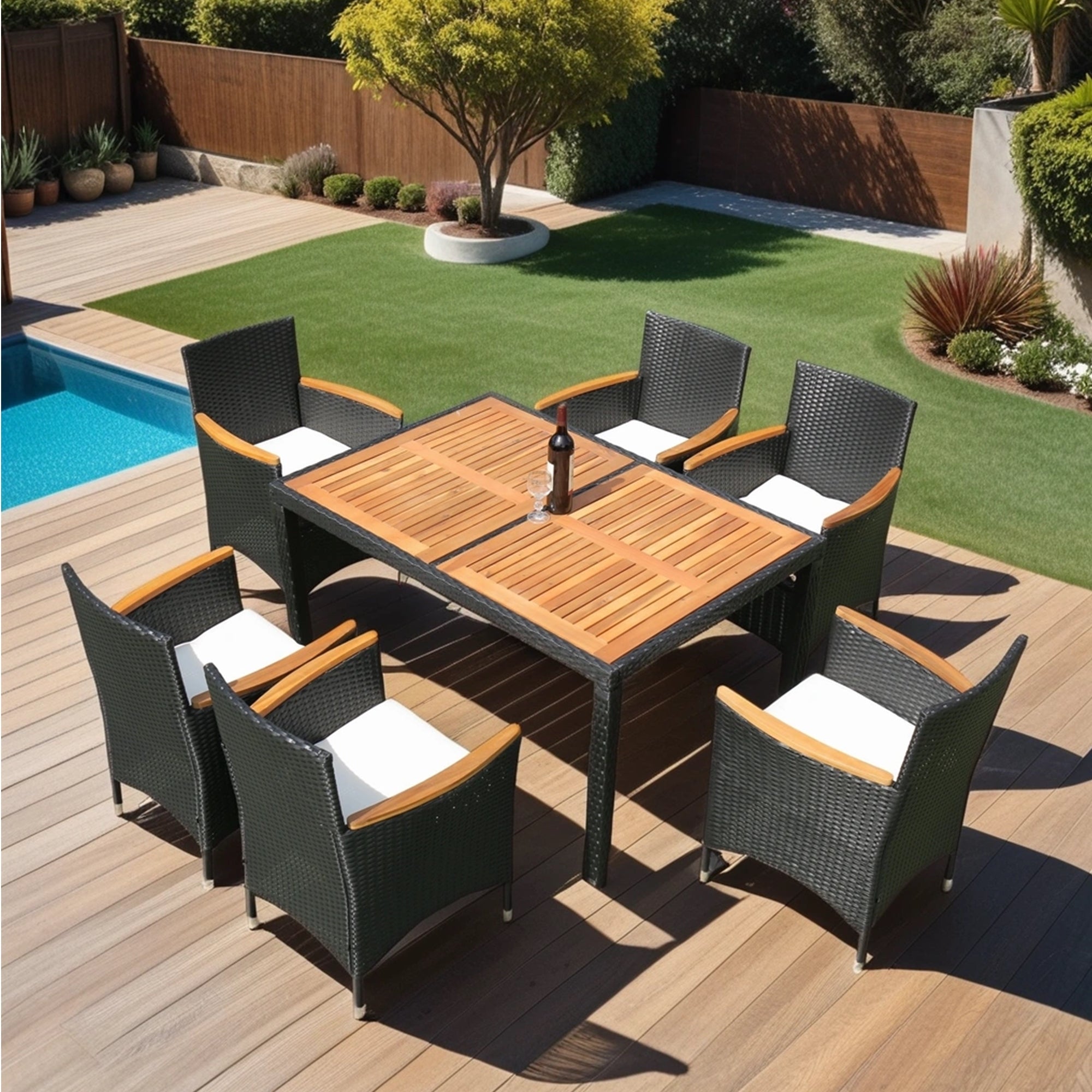 Walker Edison | 7 piece Outdoor Patio Wicker Dining Set Patio