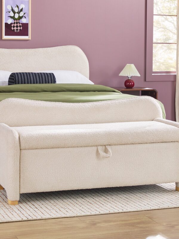 Chantelle Modern Curved Boucle Upholstered Bench with Storage