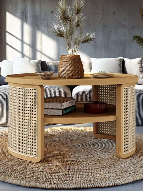 Walker Edison | Tiered Round Rattan Coffee Table with Storage
