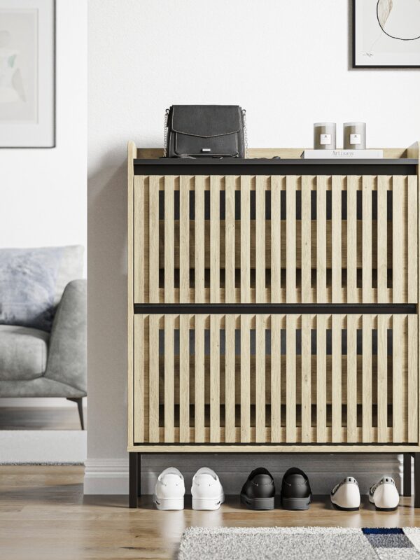 Walker Edison | Stylish Teak and Black Entryway Shoe Cabinet