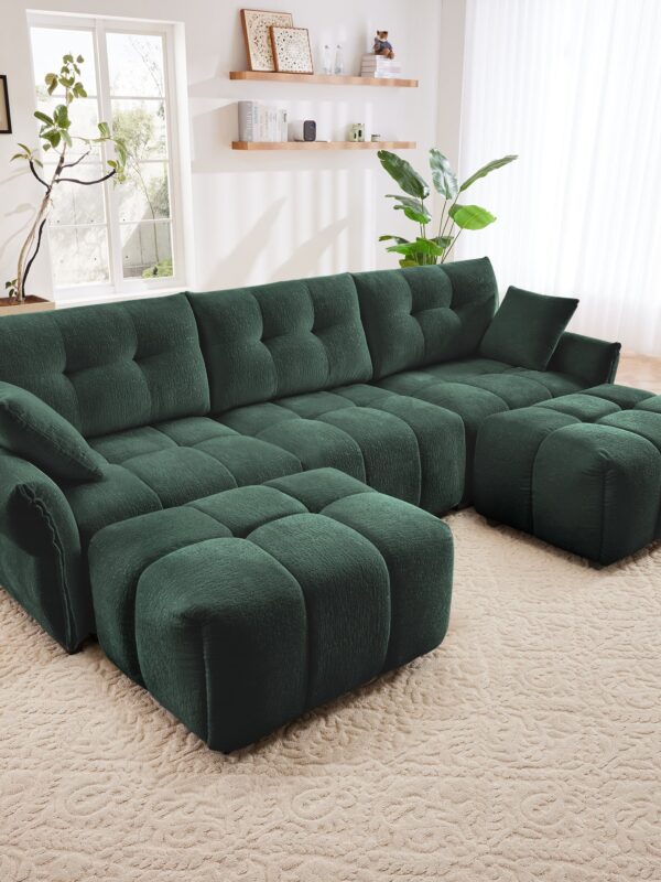Walker Edison | Green Chenille Tufted Sectional Sofa Set With Ottoman And Throw Pillows