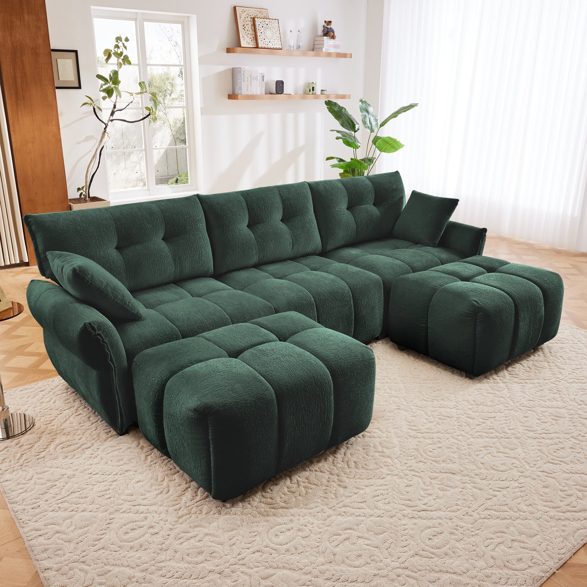 Walker Edison | Green Chenille Tufted Sectional Sofa Set With Ottoman And Throw Pillows