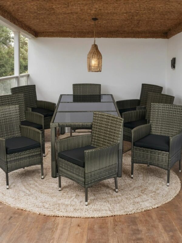 Walker Edison | 9 piece Outdoor Patio Wicker Dining Set with Glass Top