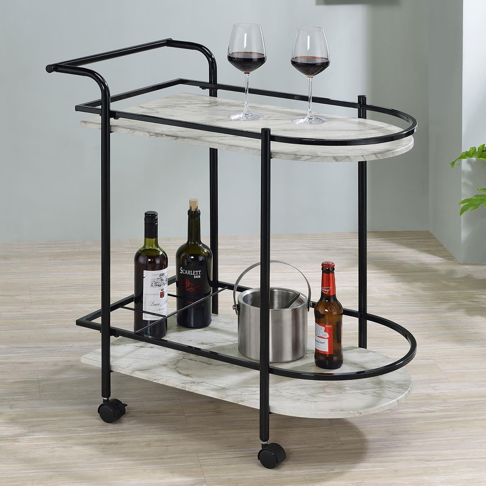 Walker Edison | Faux White Marble Serving Cart with Wine Rack