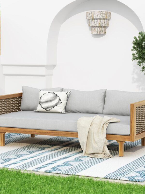 Walker Edison | Modern Outdoor Teak Rattan Deep Seat Daybed