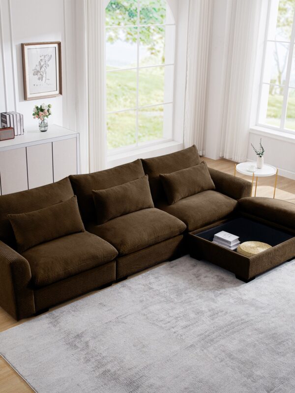 Walker Edison | L Shaped Corduroy Sectional Sofa with Storage Footstool