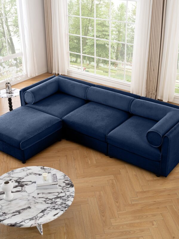 Walker Edison | Elegant L-Shaped Blue Chenille 3-Seater Sofa with Storage and Ottoman