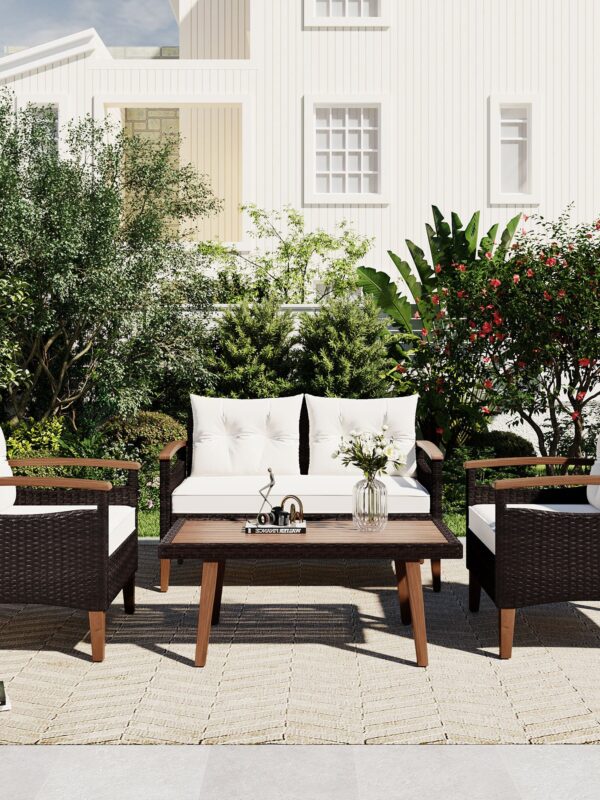 Walker Edison | 4-Piece Brown Rattan Outdoor Sofa Set with Table
