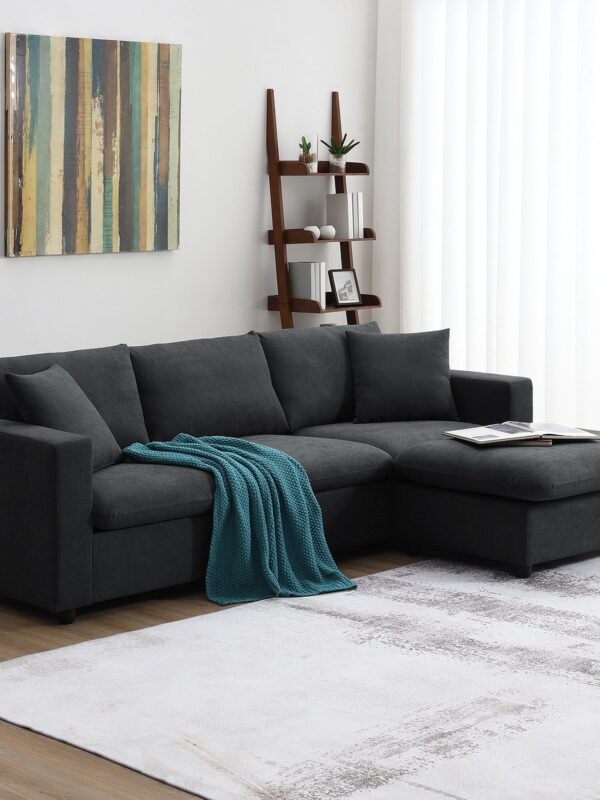 Walker Edison | Chenille Black Modern L-shape Sectional Sofa Ottoman