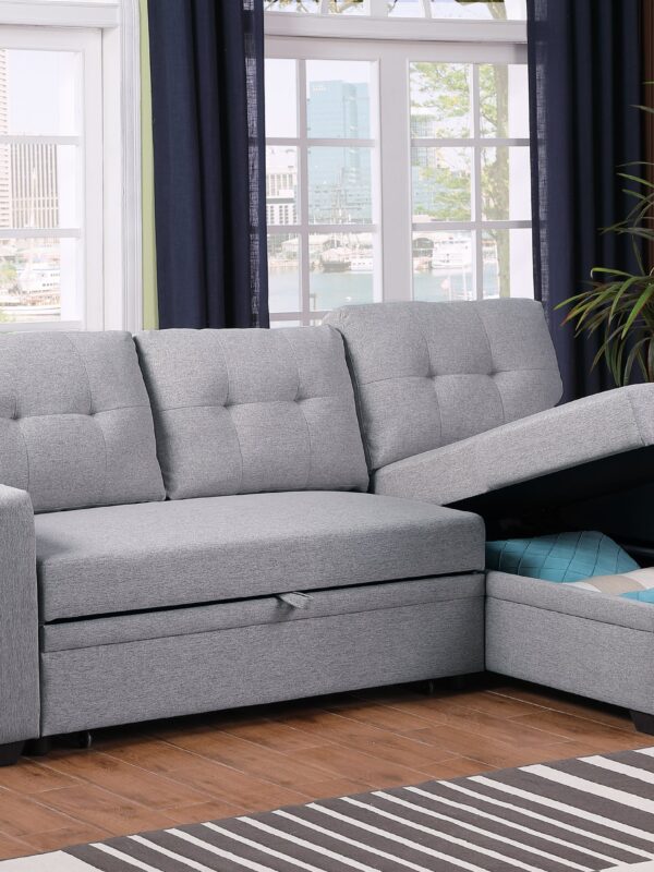Walker Edison | Linen Pull Out Sectional Sofa with Storage Chaise