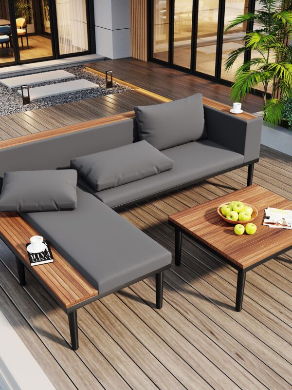 Walker Edison | Acacia Wood Outdoor Patio Sofa Set with Side Table