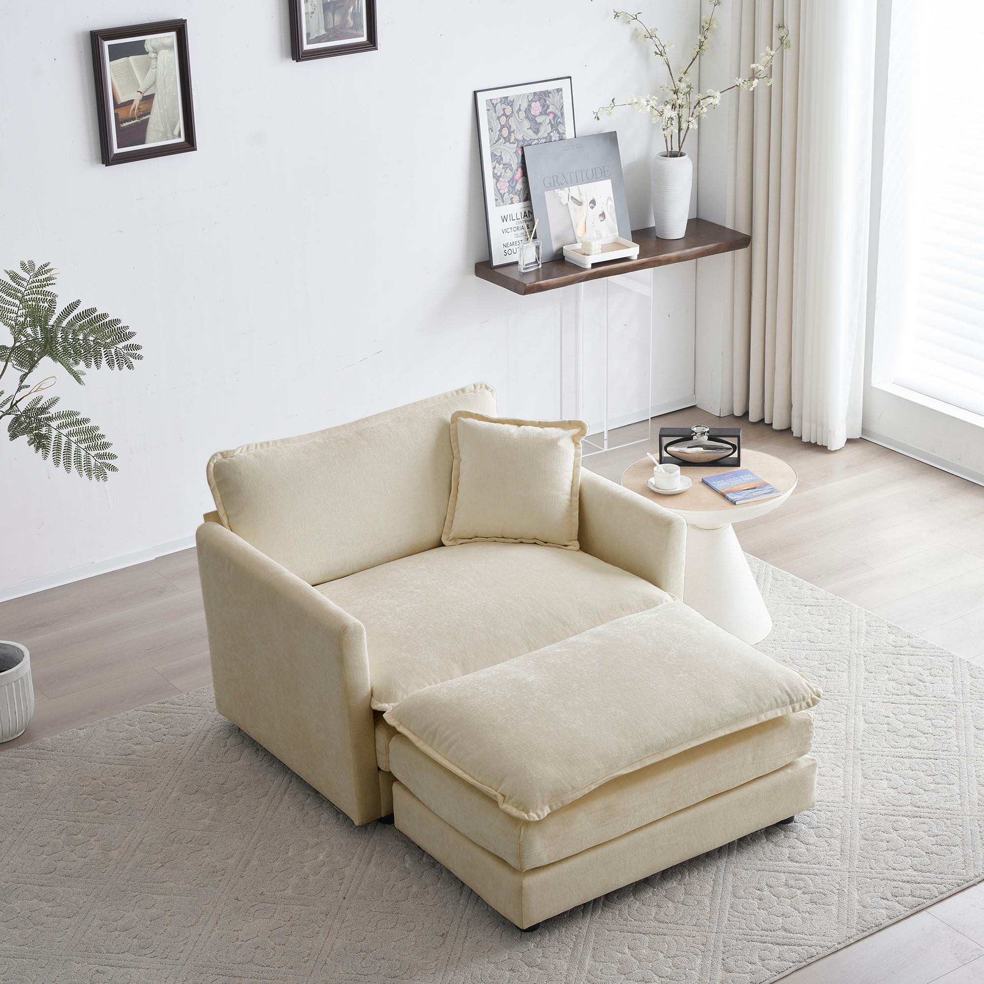 Walker Edison | Beige Chenille Cloud Accent Chair with Ottoman Set