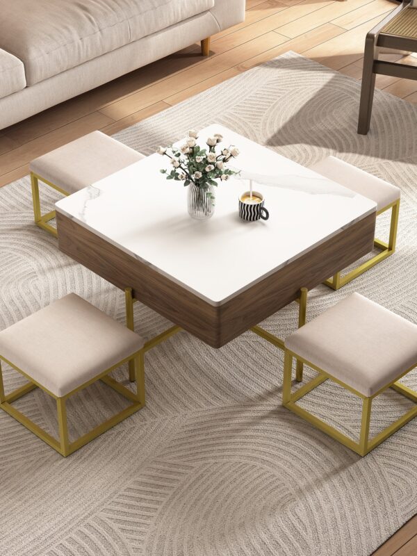 Walker Edison | Modern Square Lift-Top Coffee Table Set with 4 Ottomans