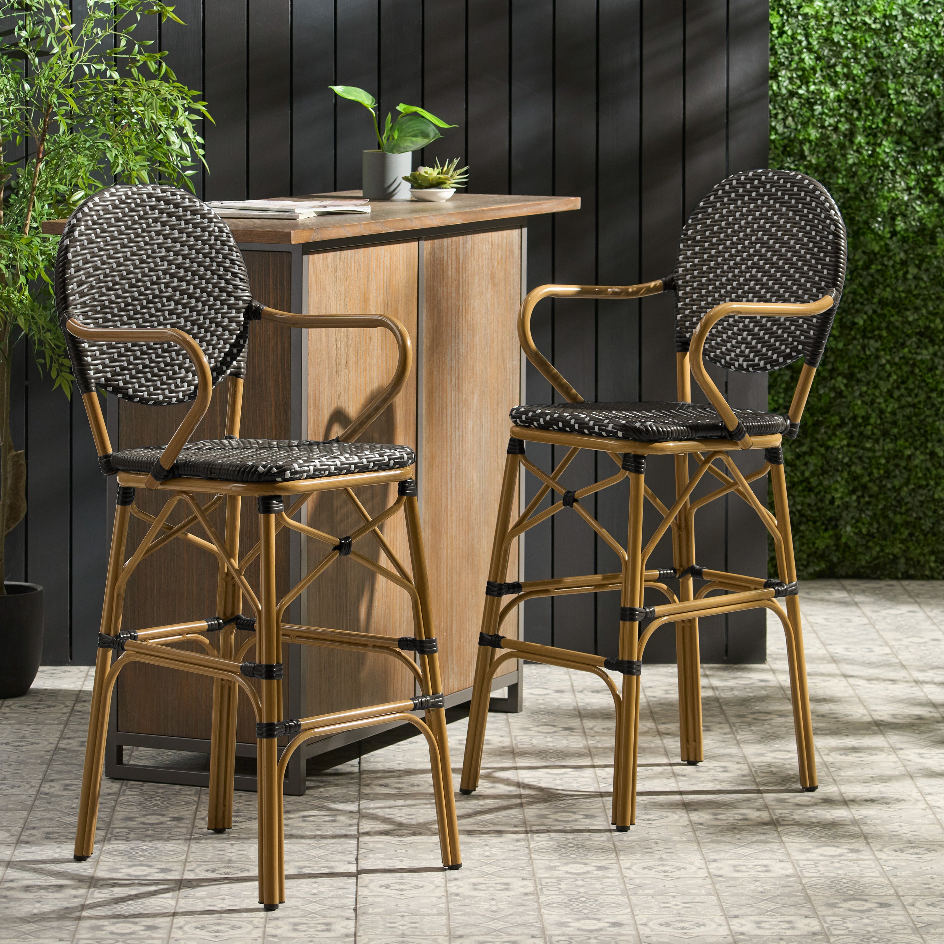 Walker Edison | Outdoor Wicker French Barstools, Set of 2