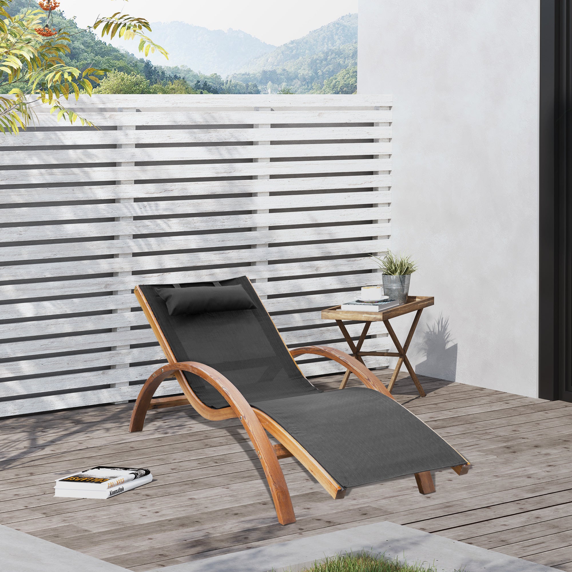 Walker Edison | Mesh Outdoor Chaise Wood Lounge Chair with Pillow