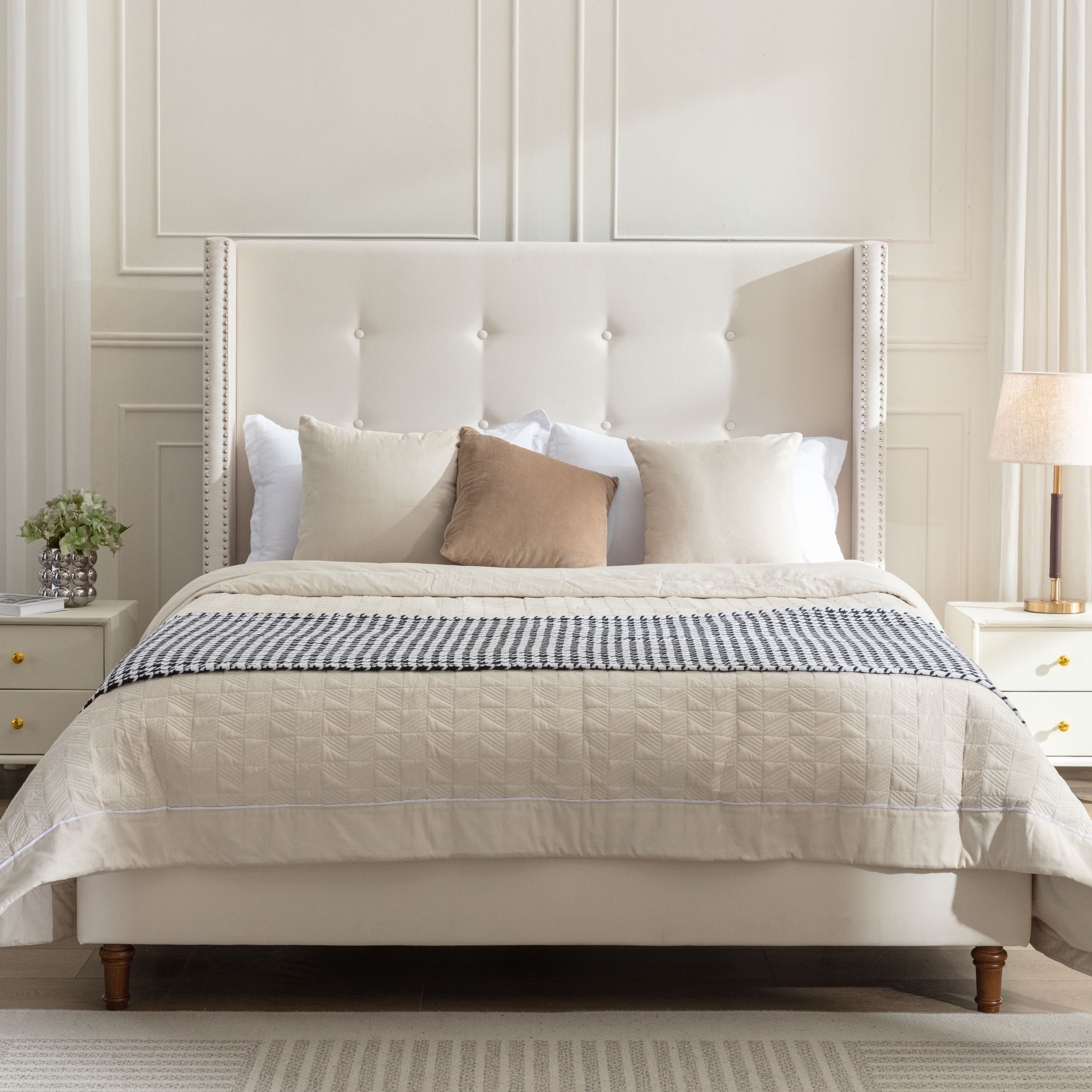 Walker Edison | Traditional Peyton Upholstered 54" High Headboard King Bed