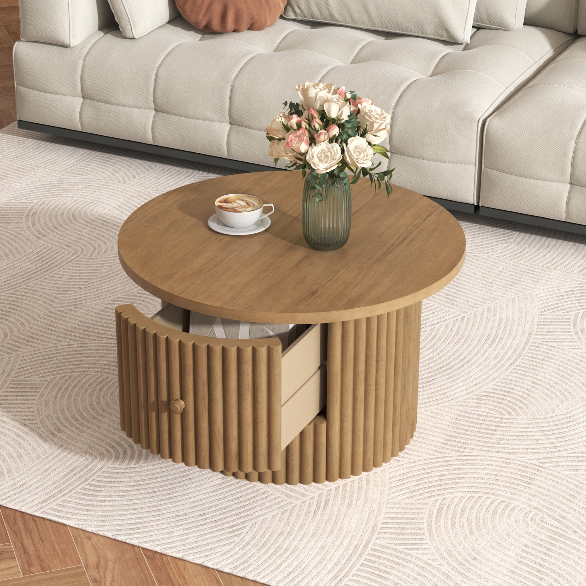 Walker Edison | Reeded Round Coffee Table with a Drawer