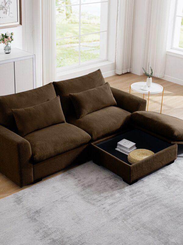 Walker Edison | Espresso Corduroy Sectional Sofa with Storage Ottoman