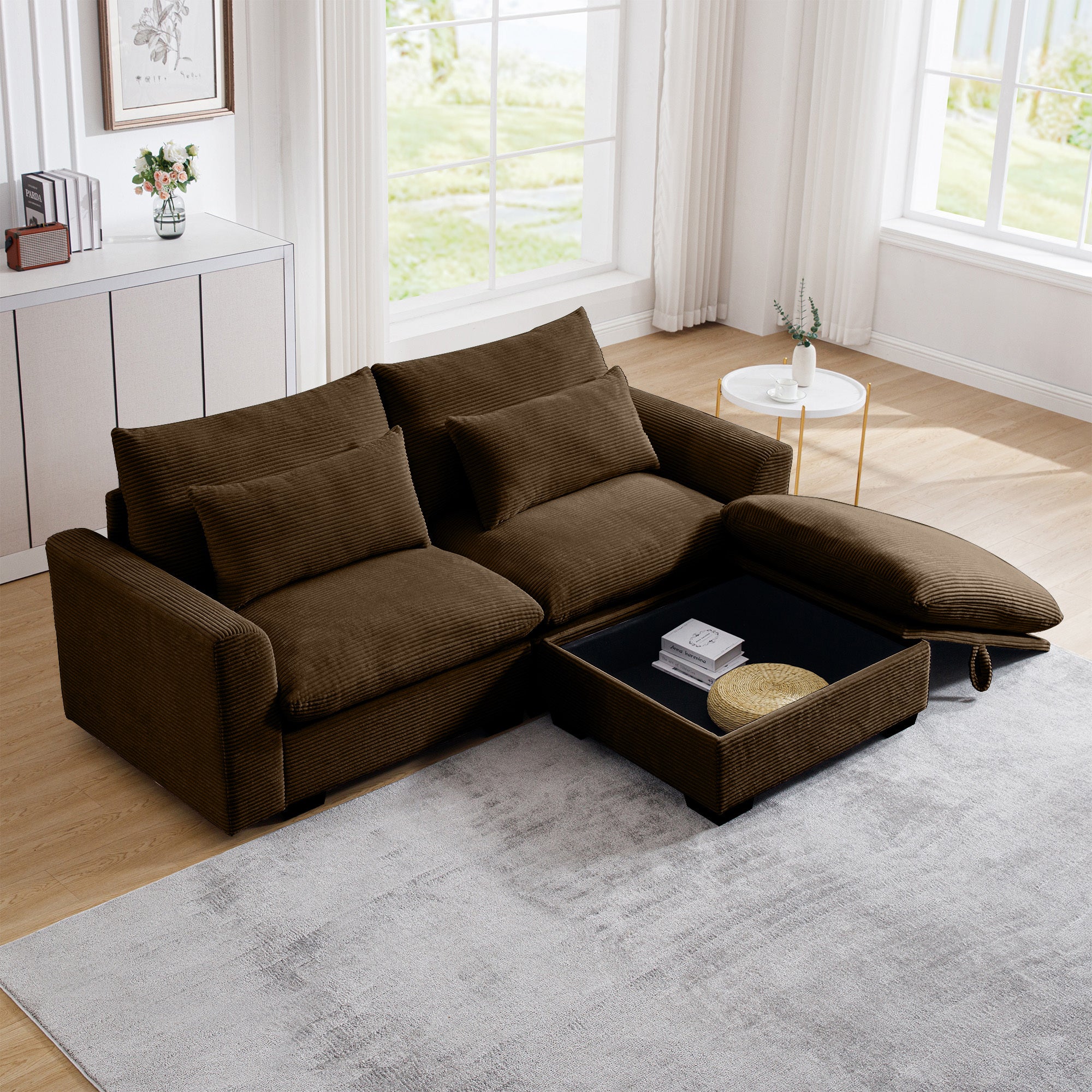 Walker Edison | Espresso Corduroy Sectional Sofa with Storage Ottoman