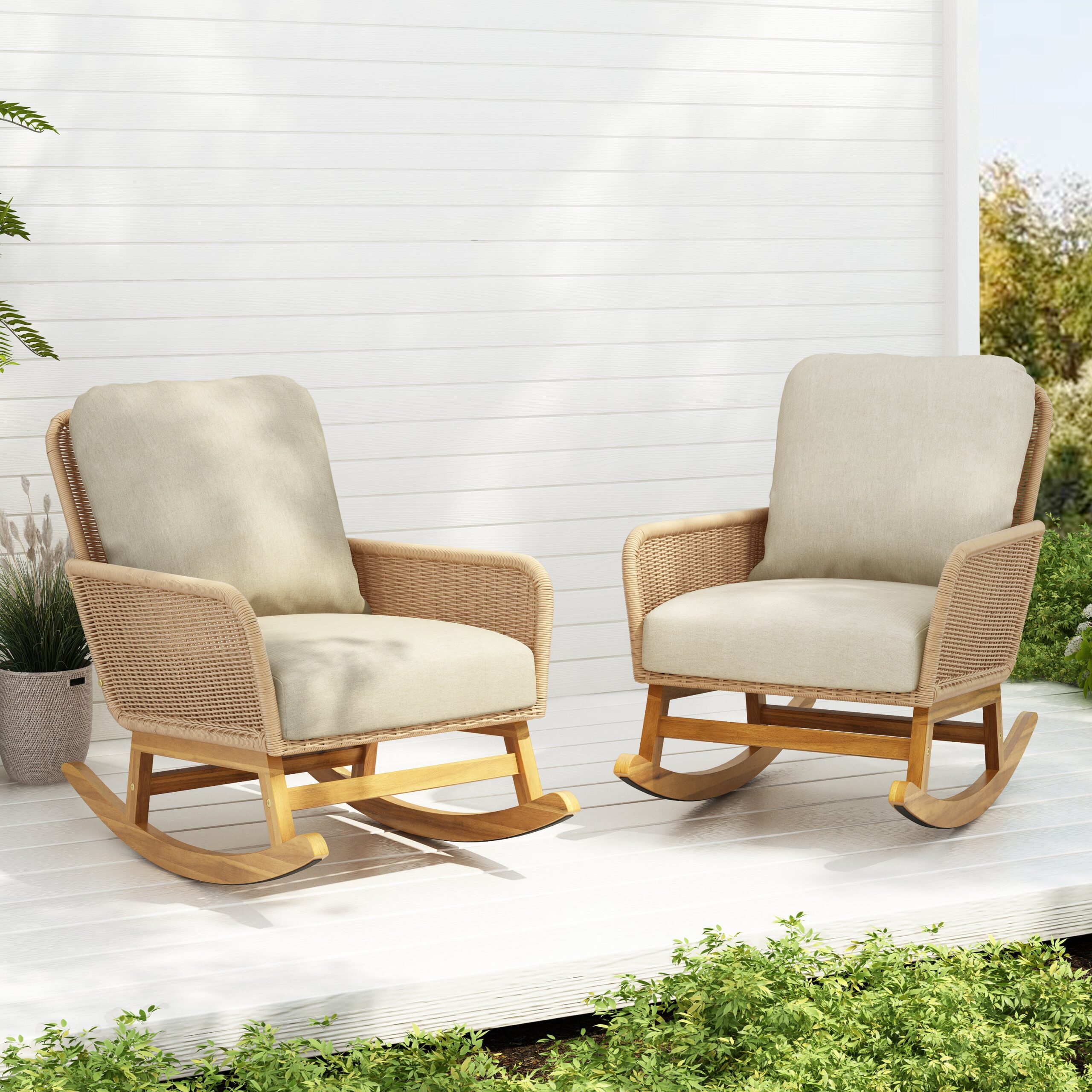 Walker Edison | Contemporary Minimalist Beige Wicker Rocking Chair Set of 2