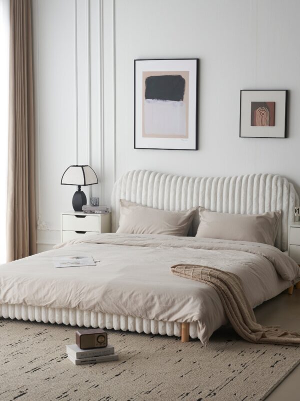 Walker Edison | Wavy White Boucle Upholstered Queen Bedframe