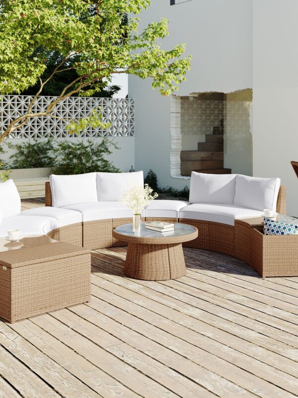 Walker Edison | Wicker Half Moon Outdoor 10-Piece Sectional Sofa Set with Storage