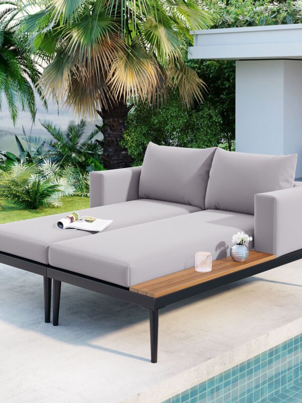Walker Edison | Modern Outdoor Patio Daybed with Wood Topped Side Tables