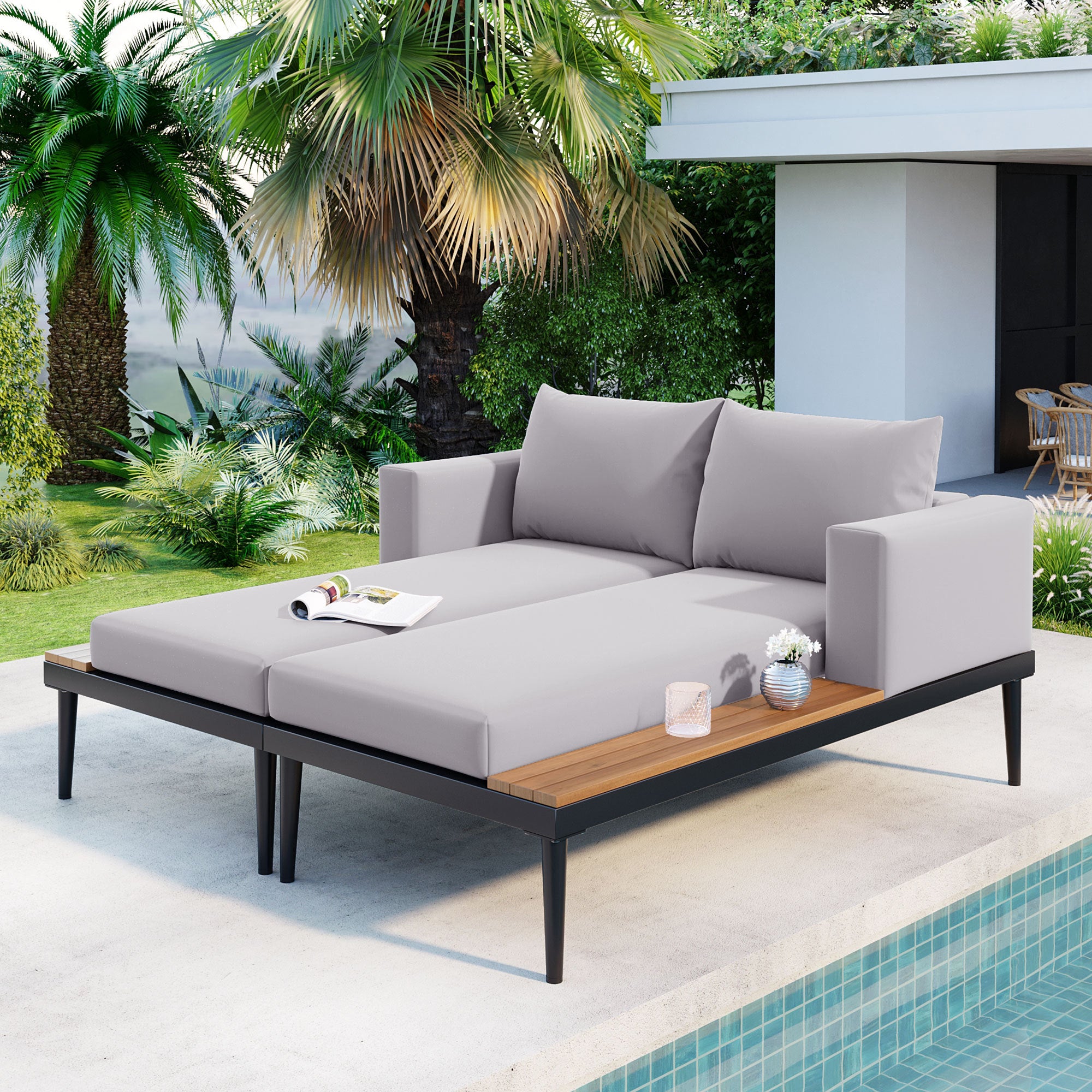 Walker Edison | Modern Outdoor Patio Daybed with Wood Topped Side Tables