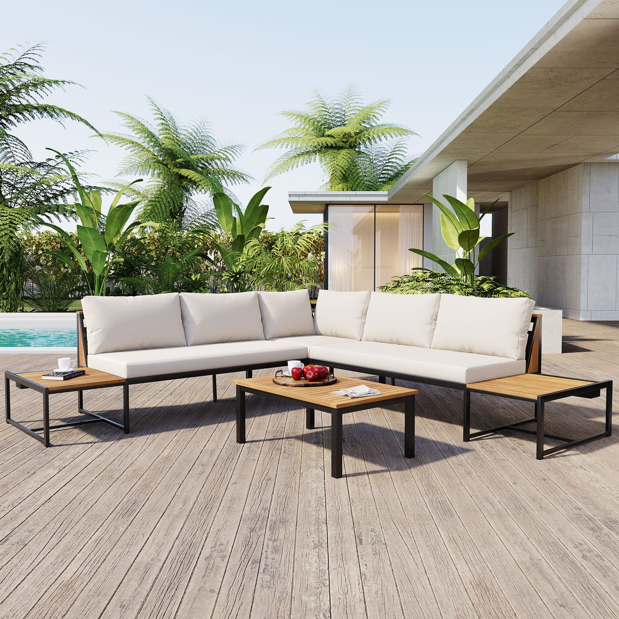 Walker Edison | 4 Pieces Outdoor Patio Sofa Sectional Set with Coffee and Side Tables