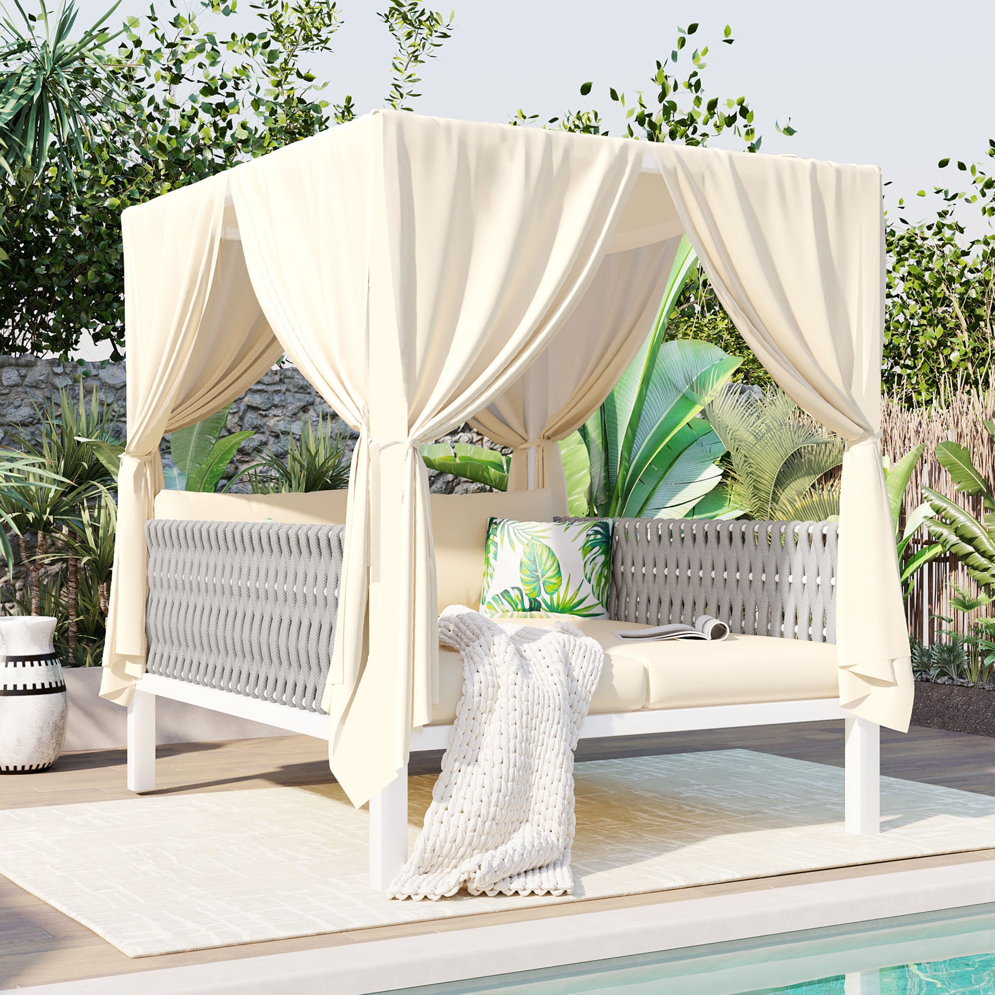 Walker Edison | Posh Outdoor Patio Sunbed with Curtains
